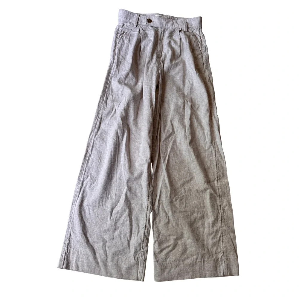 Banana Republic Linen Blend Wide Leg Pleated Trousers Oatmeal Beige Womens 0